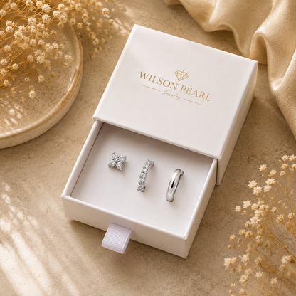 925 Sterling Silver Leaf CZ Stud and Hoop Earring Set of 3 Pairs - Silver