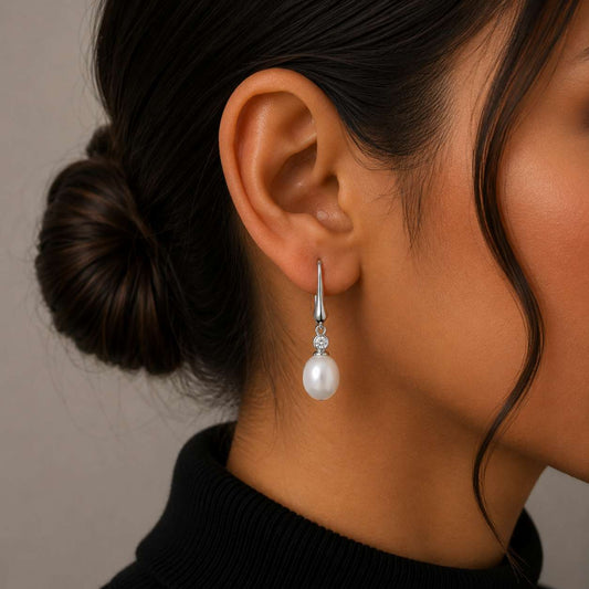Sterling Silver White Shell Pearl Drop Earrings with Zircondia Crystals