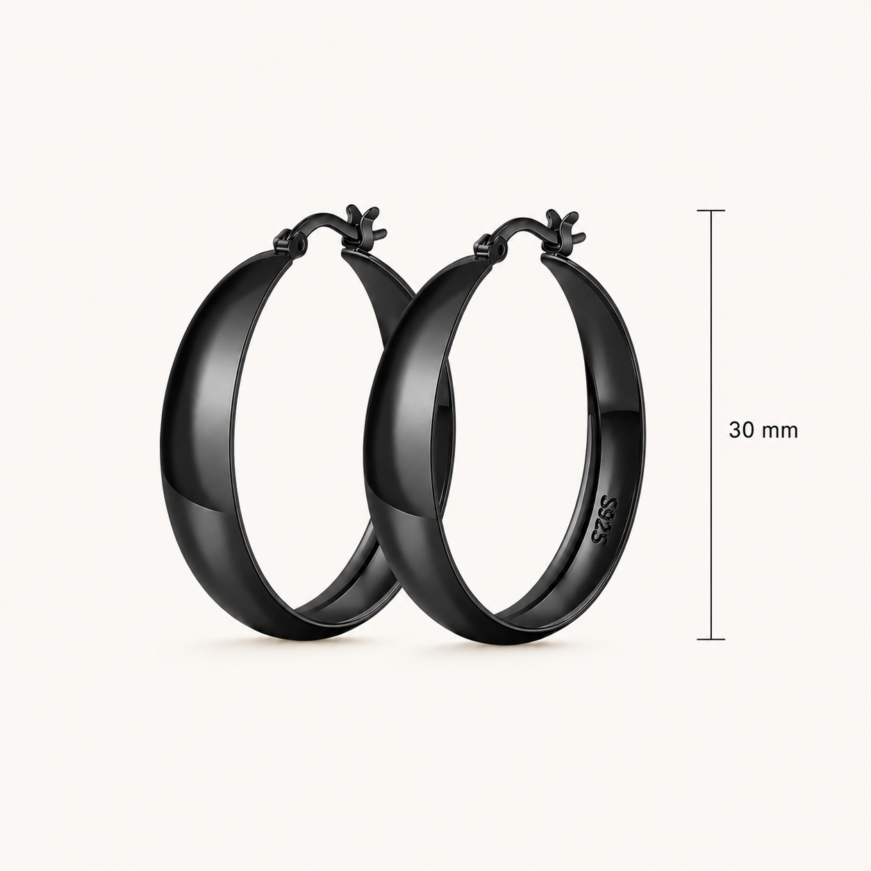 925 Sterling Silver Chunky Hoop Earrings Black - 30mm
