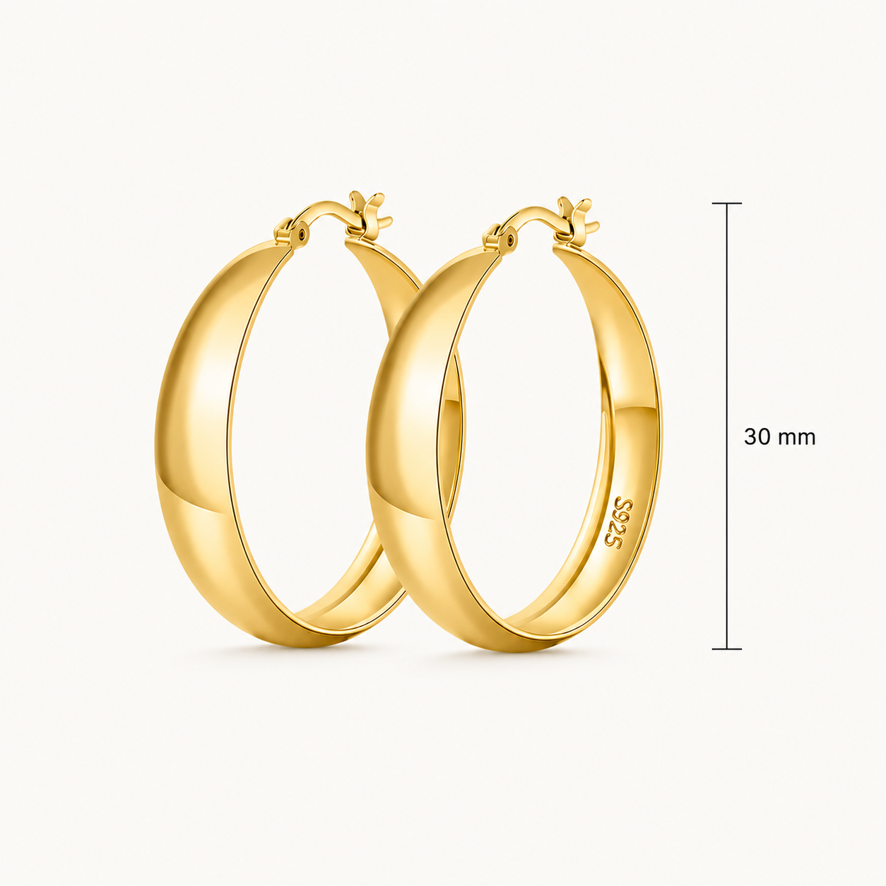 925 Sterling Silver Chunky Hoop Earrings with Gold Plating - 30mm