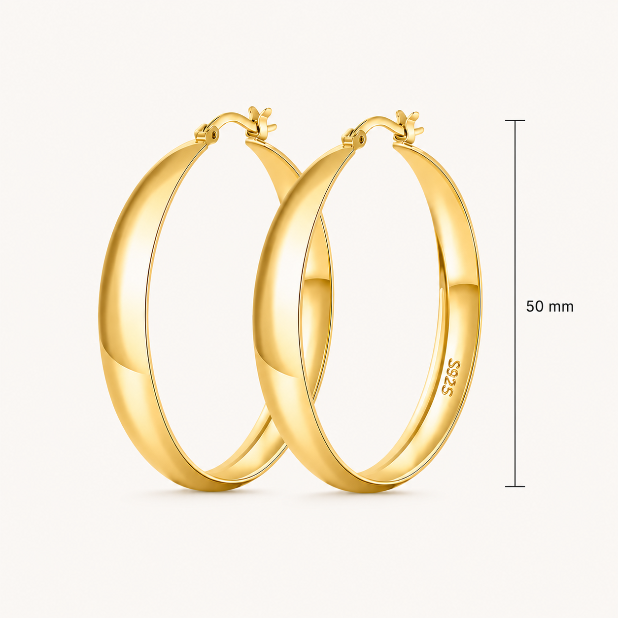 925 Sterling Silver Chunky Hoop Earrings with 14K Gold Plating - 50mm