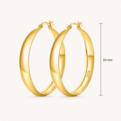 925 Sterling Silver Chunky Hoop Earrings with 14K Gold Plating - 50mm