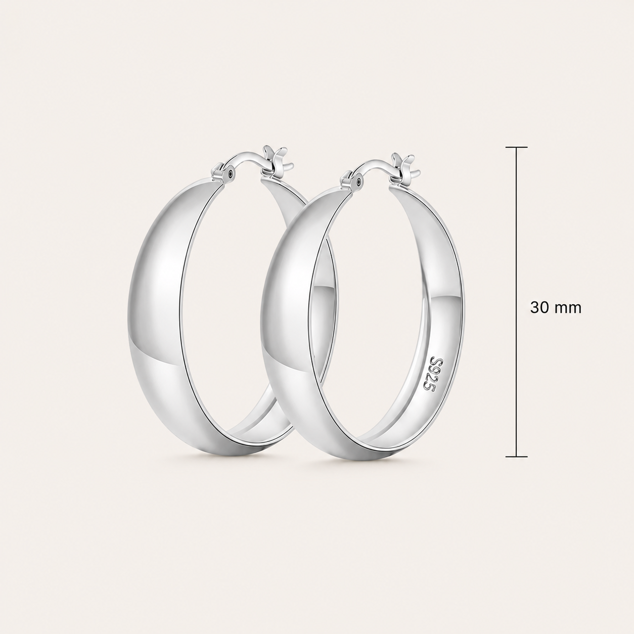 925 Sterling Silver Chunky Hoop Earrings - Silver 30mm