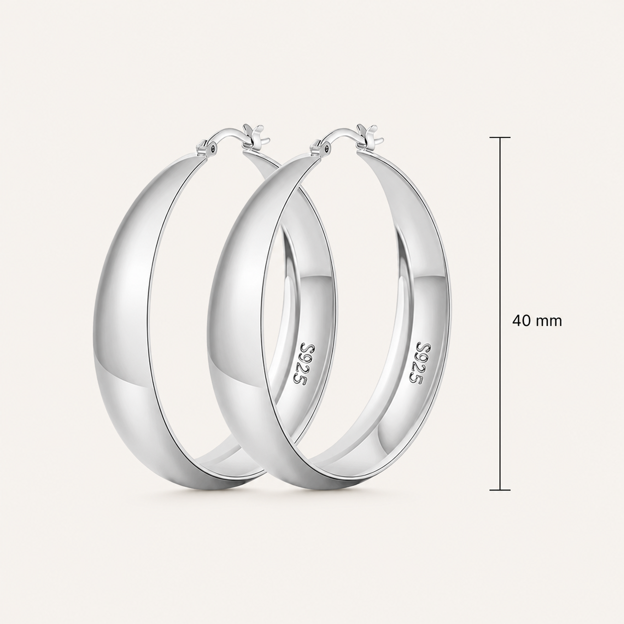 925 Sterling Silver Chunky Hoop Earrings - Silver 40mm