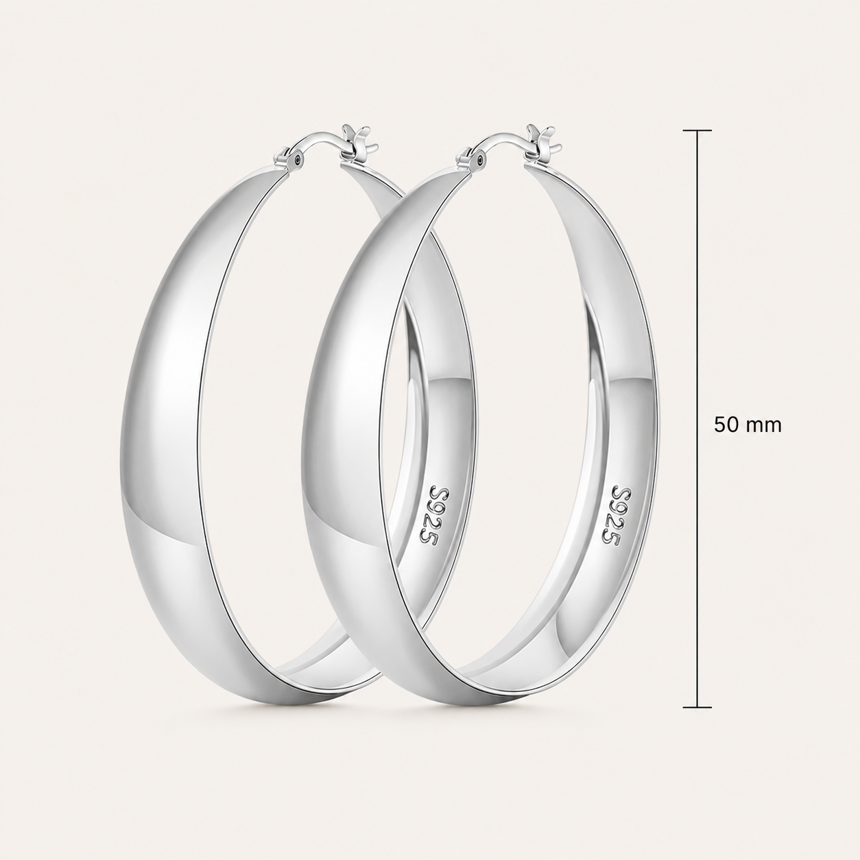 925 Sterling Silver Chunky Hoop Earrings - Silver 50mm