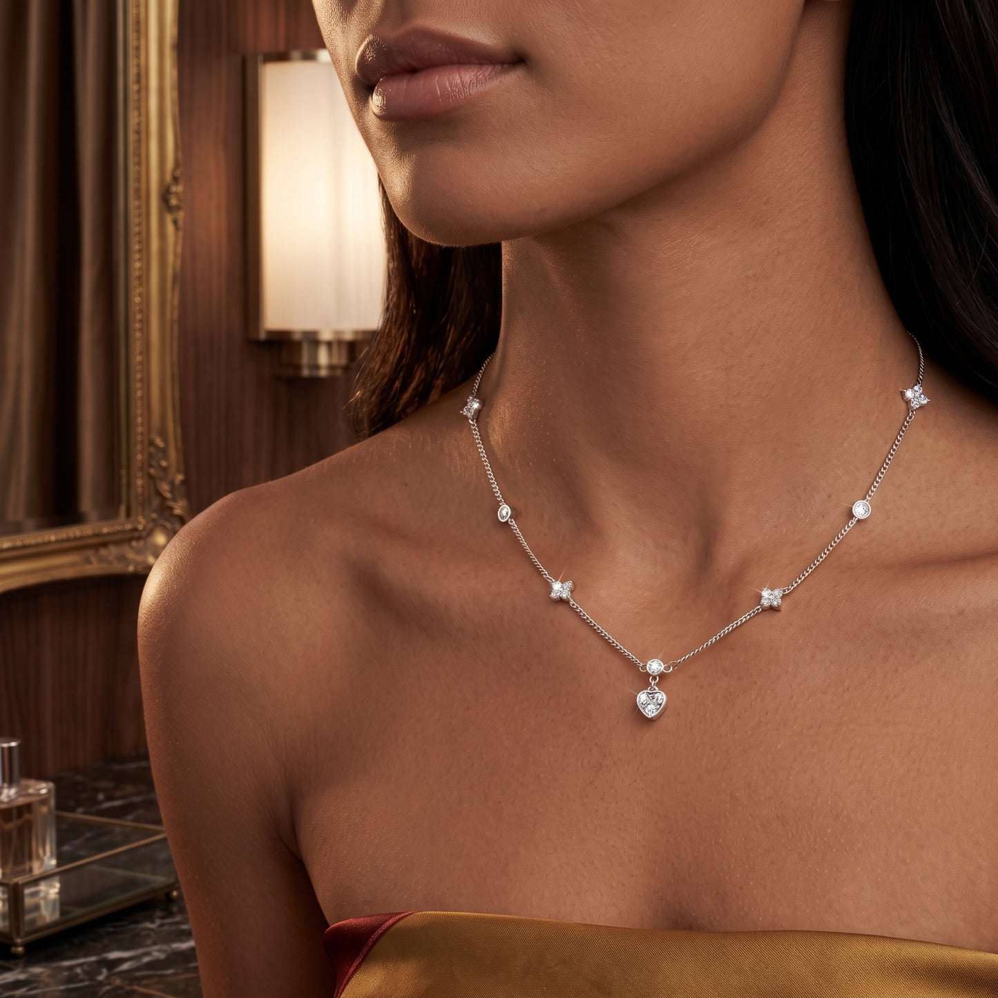 Silver Plated Heart and Four Leaf Clover Necklace with 5A Cubic Zirconia - Silver