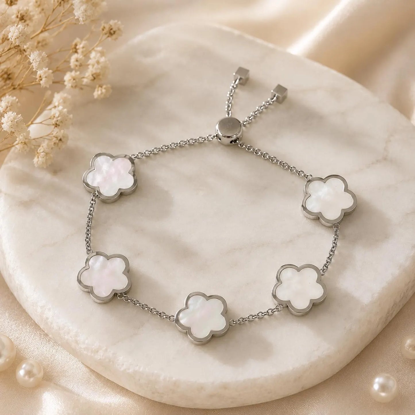 Multi Pearl Clover Bracelet – Silver