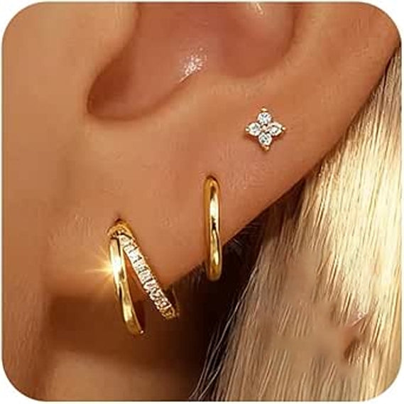 925 Sterling Silver Flower CZ Stud and Hoop Earring Set - 3 Pairs Gold