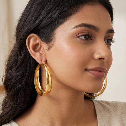 925 Sterling Silver Chunky Hoop Earrings with 14K Gold Plating - 50mm