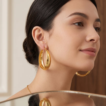 925 Sterling Silver Chunky Hoop Earrings with 14K Gold Plating - 50mm
