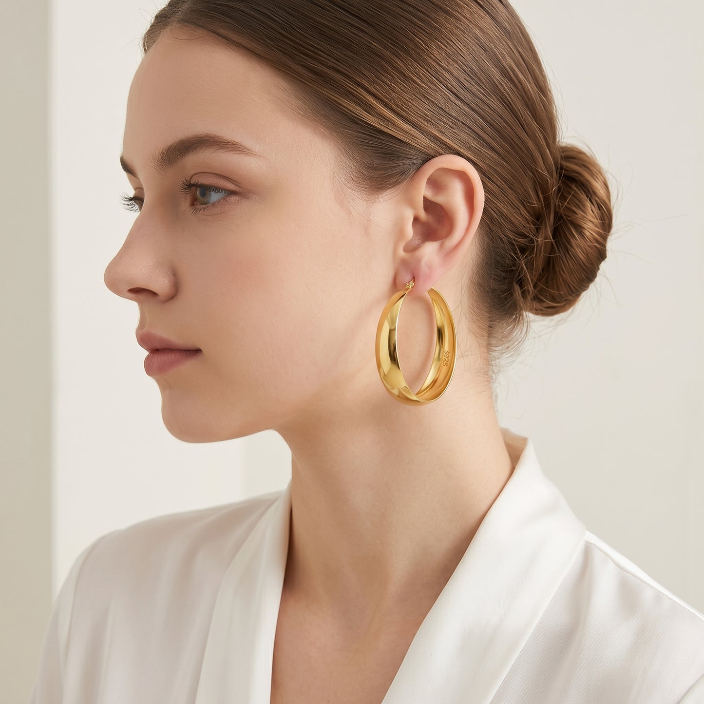 925 Sterling Silver Chunky Hoop Earrings with 14K Gold Plating - 50mm