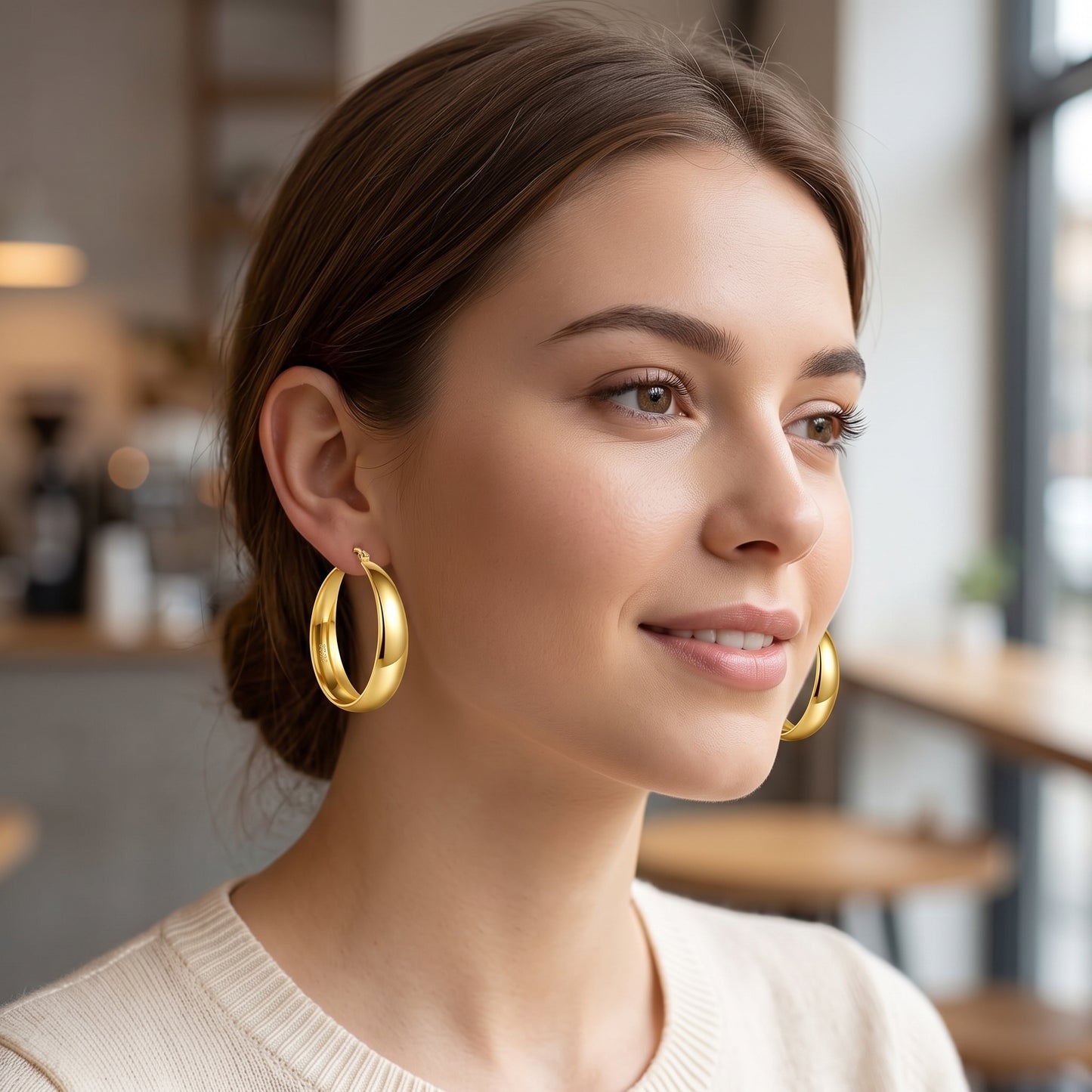 925 Sterling Silver Chunky Hoop Earrings with 14K Gold Plating - 25mm
