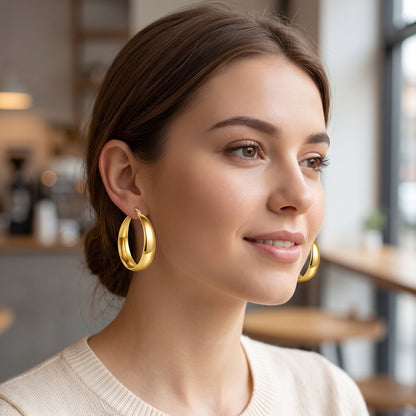 925 Sterling Silver Chunky Hoop Earrings with 14K Gold Plating - 25mm