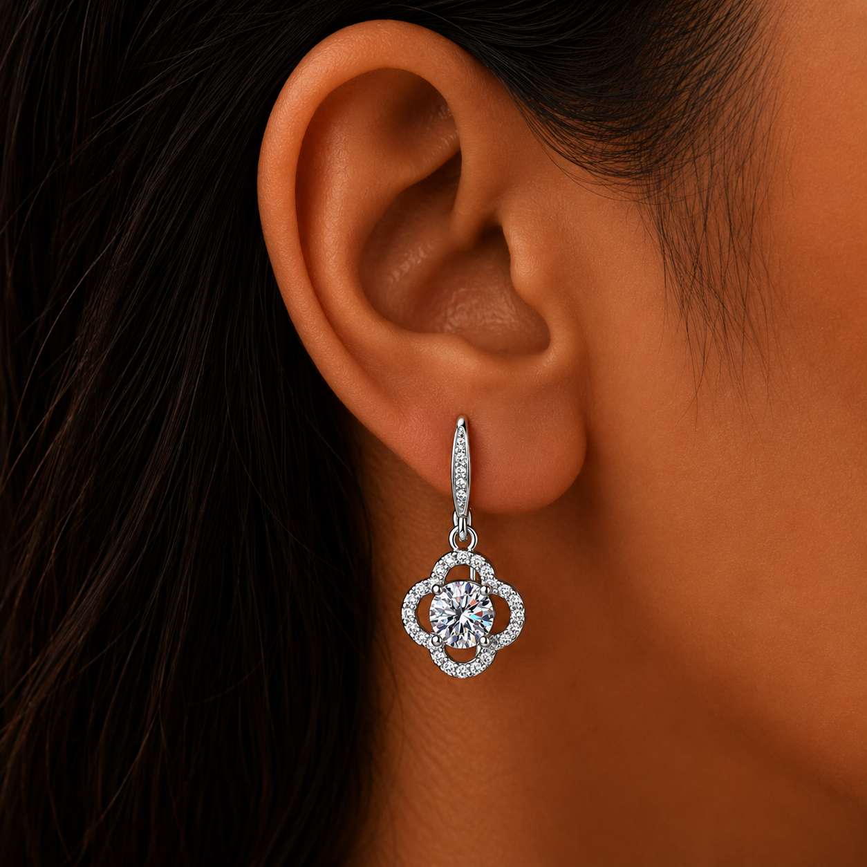 925 Sterling Silver Leaf Drop Earrings with Cubic Zirconia - Silver