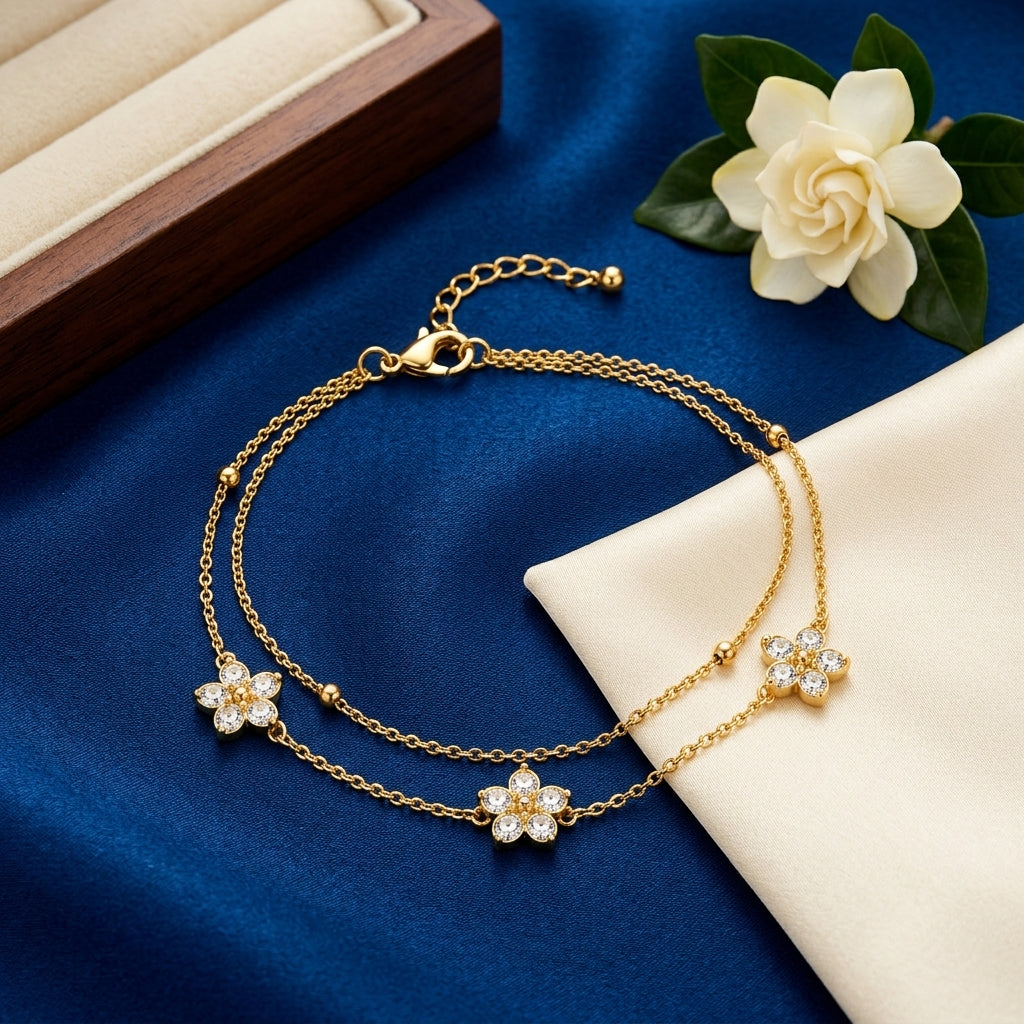14K Gold Plated Double Layer CZ Clover Bracelet - Gold