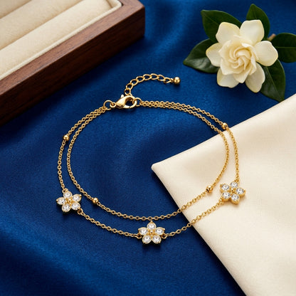 14K Gold Plated Double Layer CZ Clover Bracelet - Gold