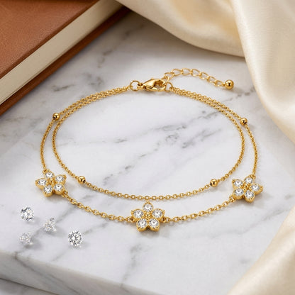 14K Gold Plated Double Layer CZ Clover Bracelet - Gold