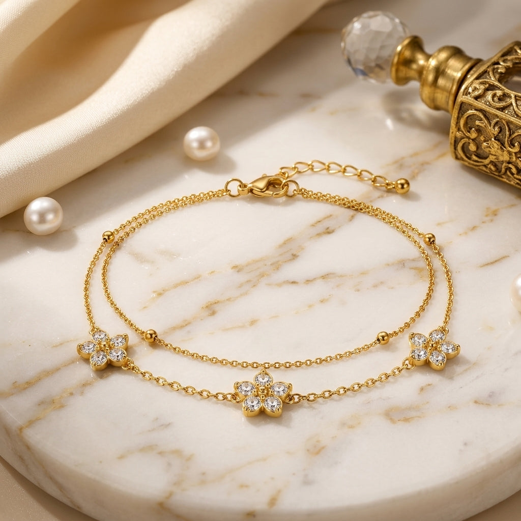 14K Gold Plated Double Layer CZ Clover Bracelet - Gold