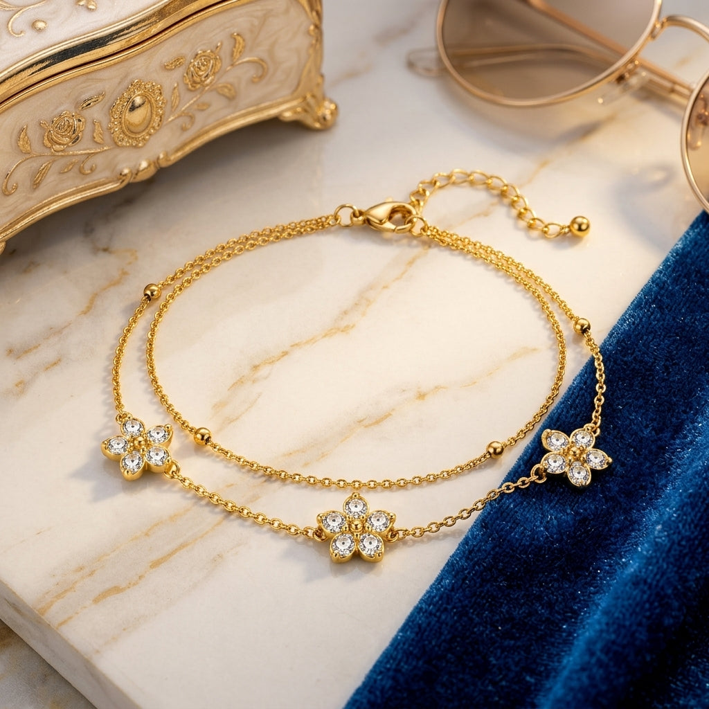 14K Gold Plated Double Layer CZ Clover Bracelet - Gold