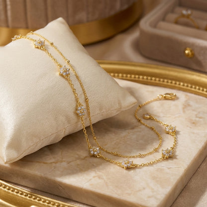 14K Gold Plated Double Layer CZ Flower Bracelet - Gold