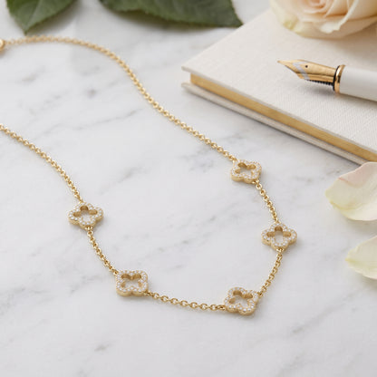 Gold Plated Multi Clover Necklace with Zircondia Crystals