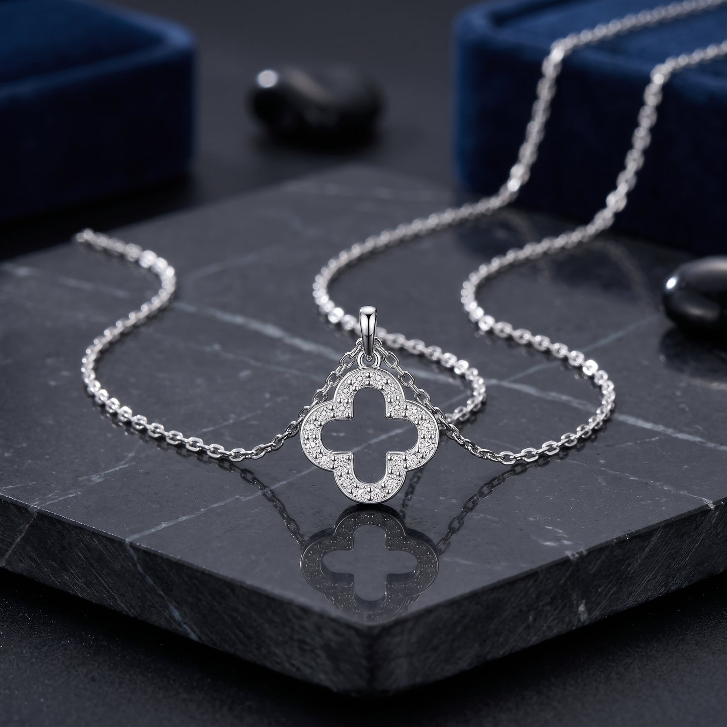 Silver Plated Clover Pendant Necklace with Zircondia Crystals