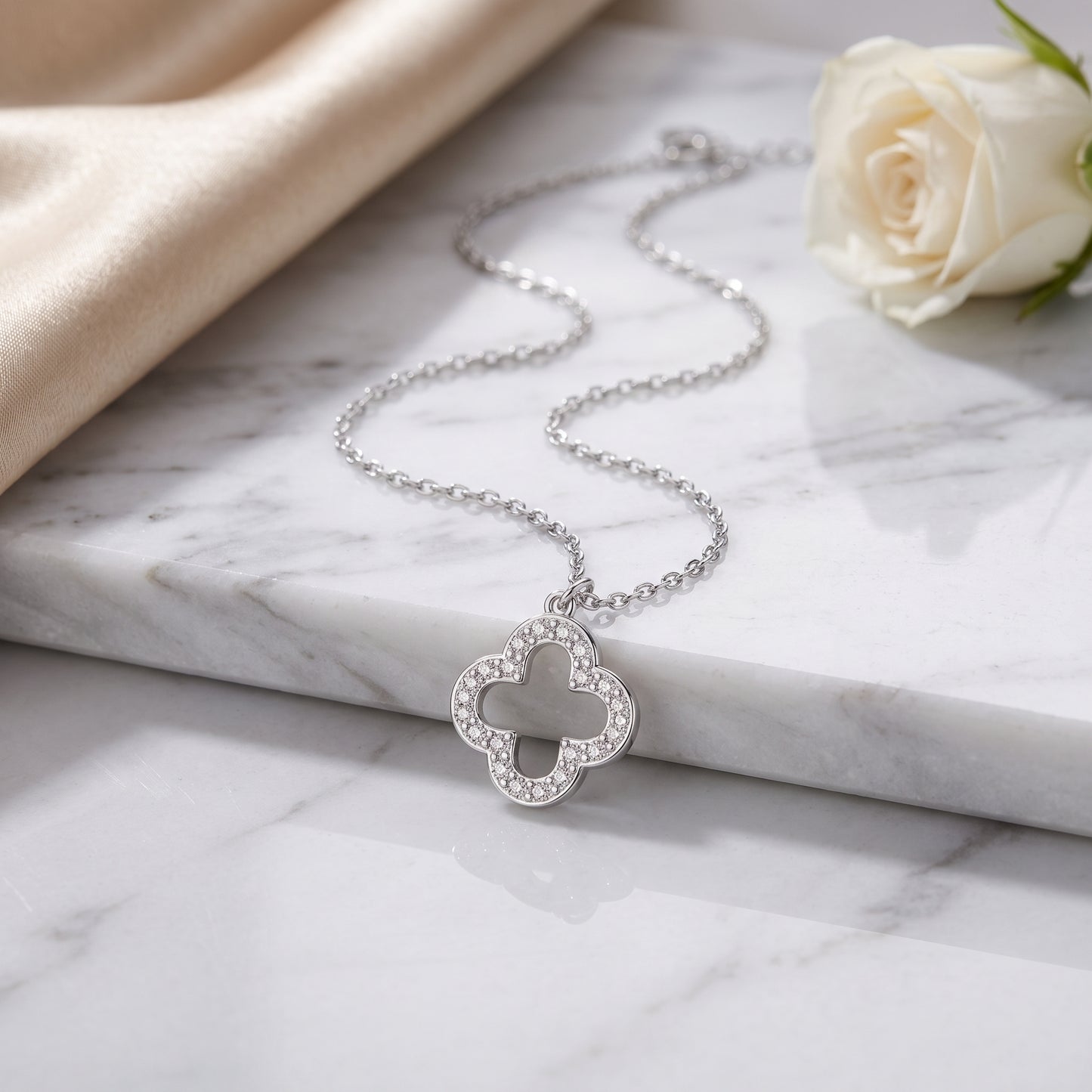 Silver Plated Clover Pendant Necklace with Zircondia Crystals
