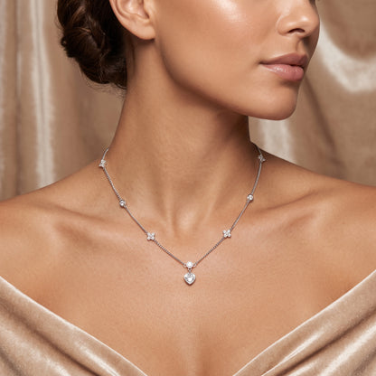 Silver Plated Heart and Four Leaf Clover Necklace with 5A Cubic Zirconia - Silver