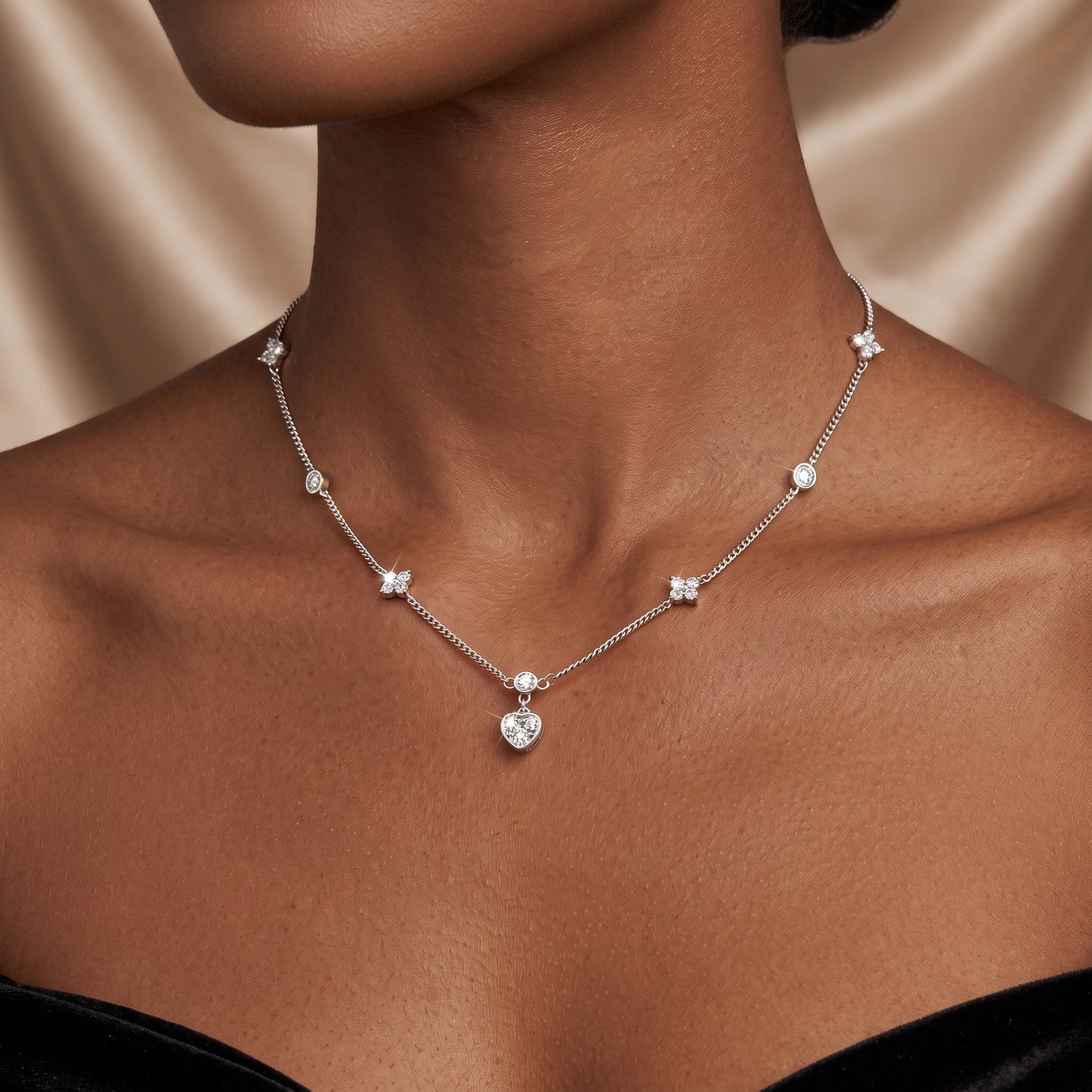 Silver Plated Heart and Four Leaf Clover Necklace with 5A Cubic Zirconia - Silver