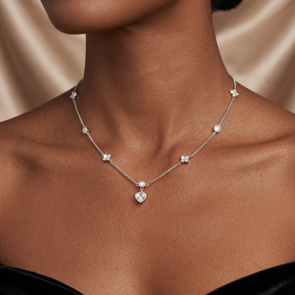 Silver Plated Heart and Four Leaf Clover Necklace with 5A Cubic Zirconia - Silver