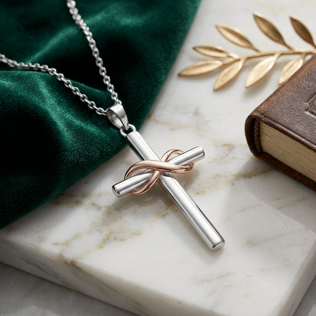 925 Sterling Silver Infinity Cross Necklace with Cubic Zirconia - Rose Gold