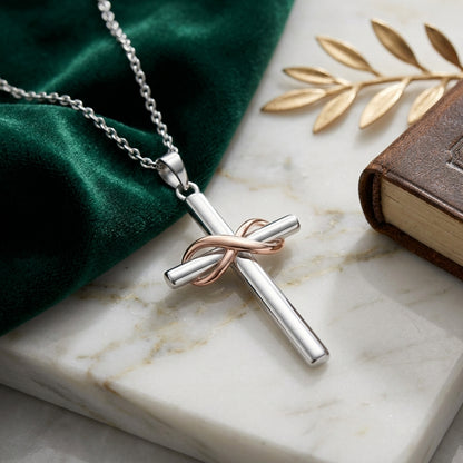 925 Sterling Silver Infinity Cross Necklace with Cubic Zirconia - Rose Gold