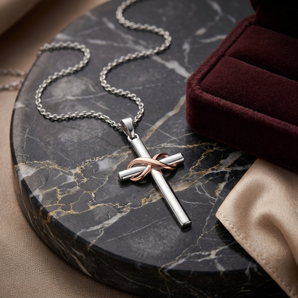 925 Sterling Silver Infinity Cross Necklace with Cubic Zirconia - Rose Gold