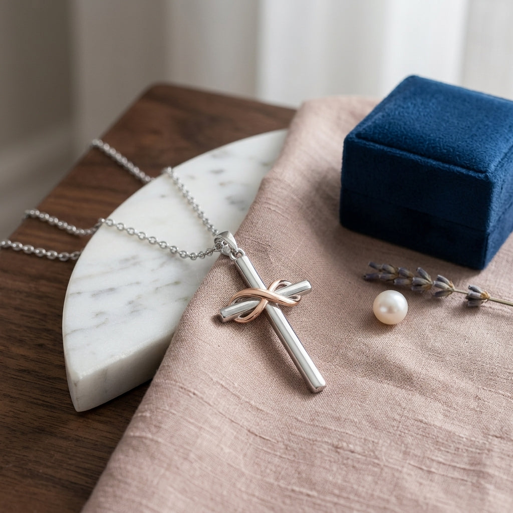 925 Sterling Silver Infinity Cross Necklace with Cubic Zirconia - Rose Gold
