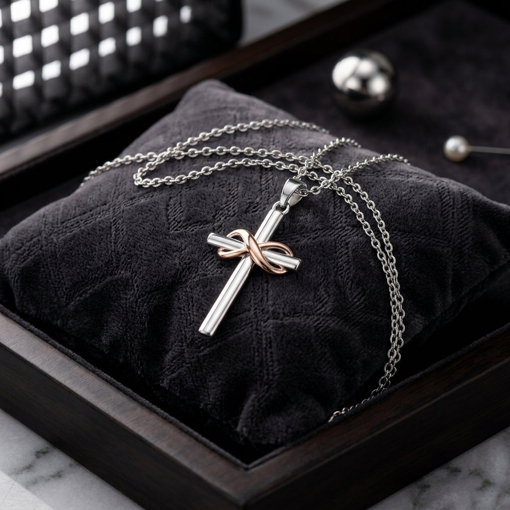 925 Sterling Silver Infinity Cross Necklace with Cubic Zirconia - Rose Gold