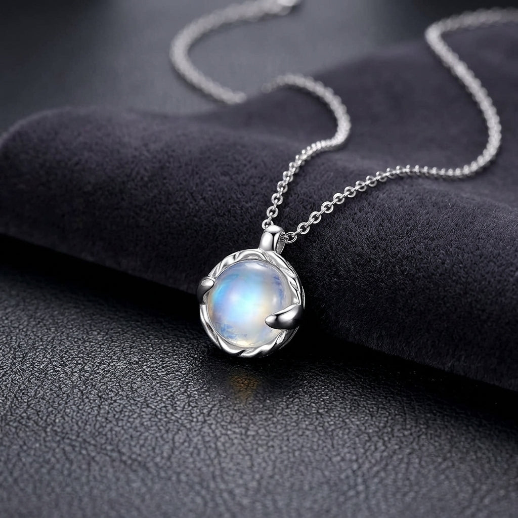 Handmade Blue Moonstone Circle Pendant Necklace - Silver