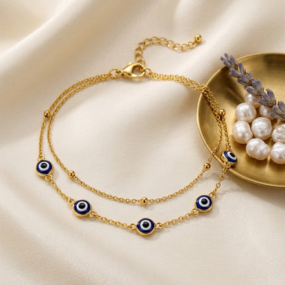 14K Gold Plated Double Layer Evil Eye Bracelet - Gold