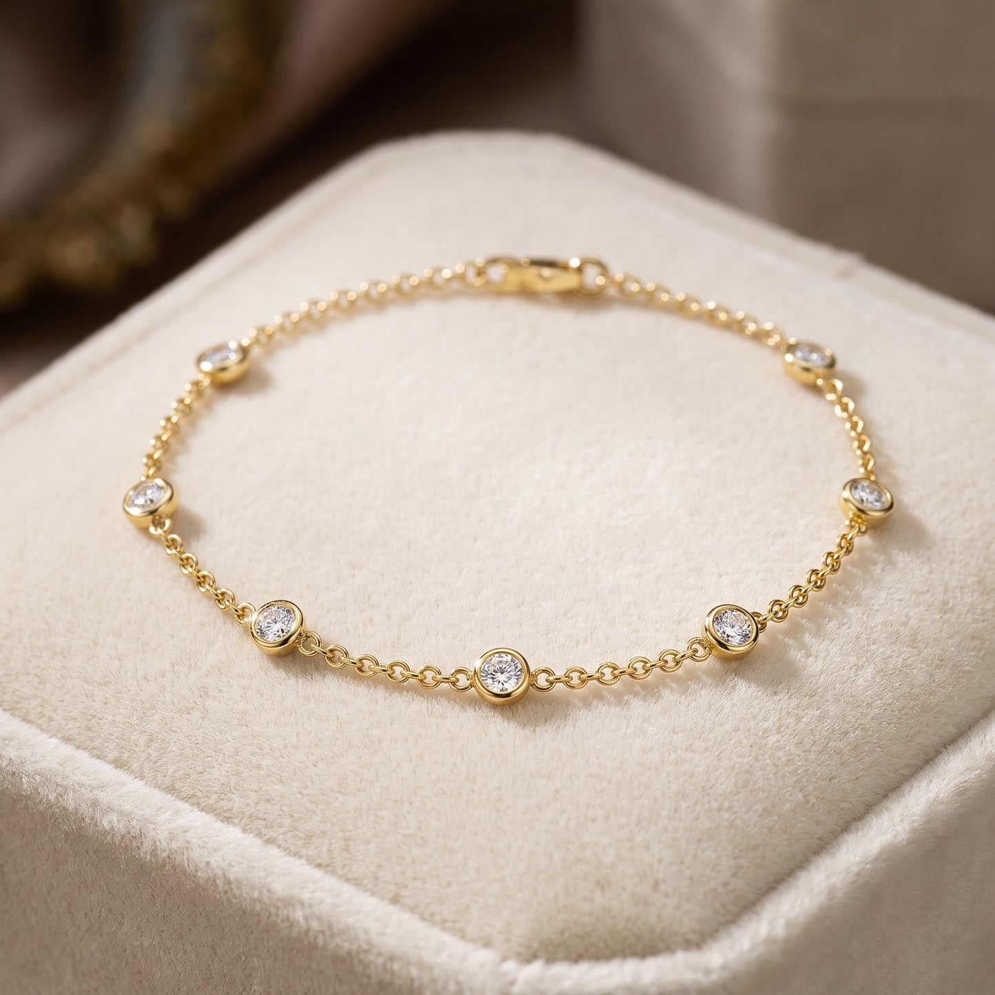 925 Sterling Silver Round CZ Charm Bracelet - Gold
