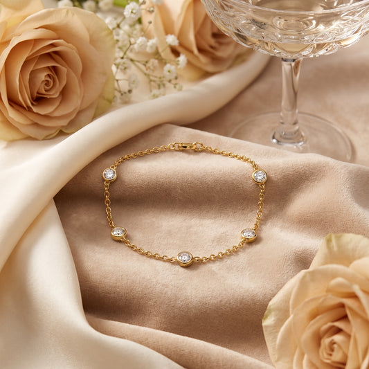 925 Sterling Silver Round CZ Charm Bracelet - Gold