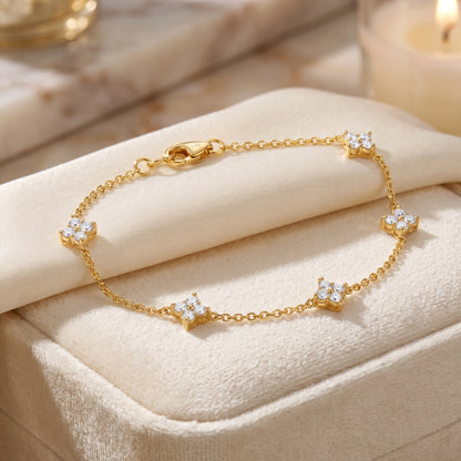 925 Sterling Silver Clover Charm Bracelet with Cubic Zirconia - Gold