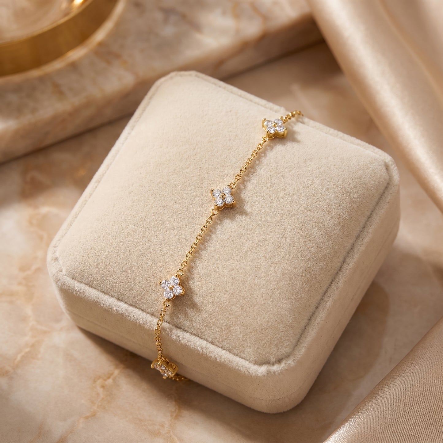 925 Sterling Silver Clover Charm Bracelet with Cubic Zirconia - Gold