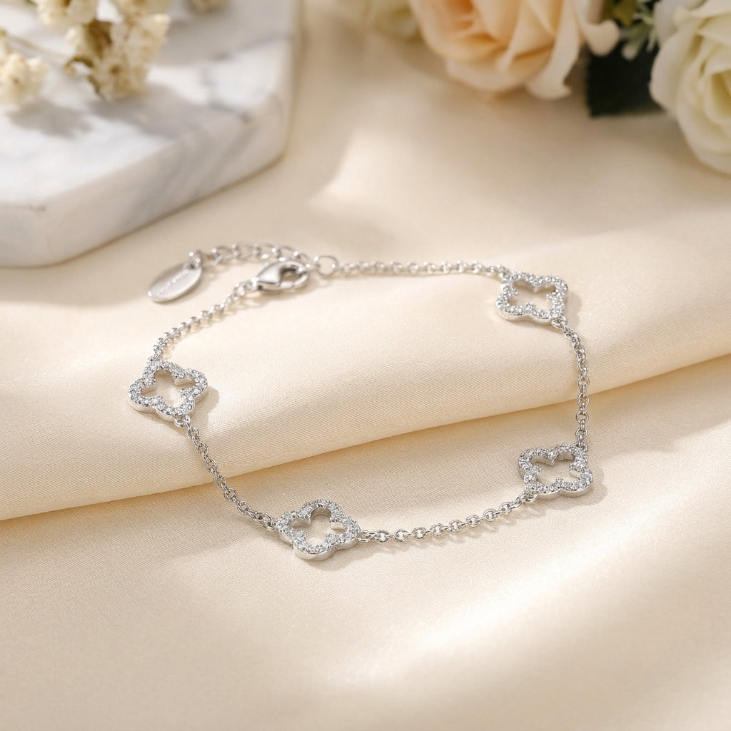 Silver Plated Clover Bracelet with Zircondia Crystals