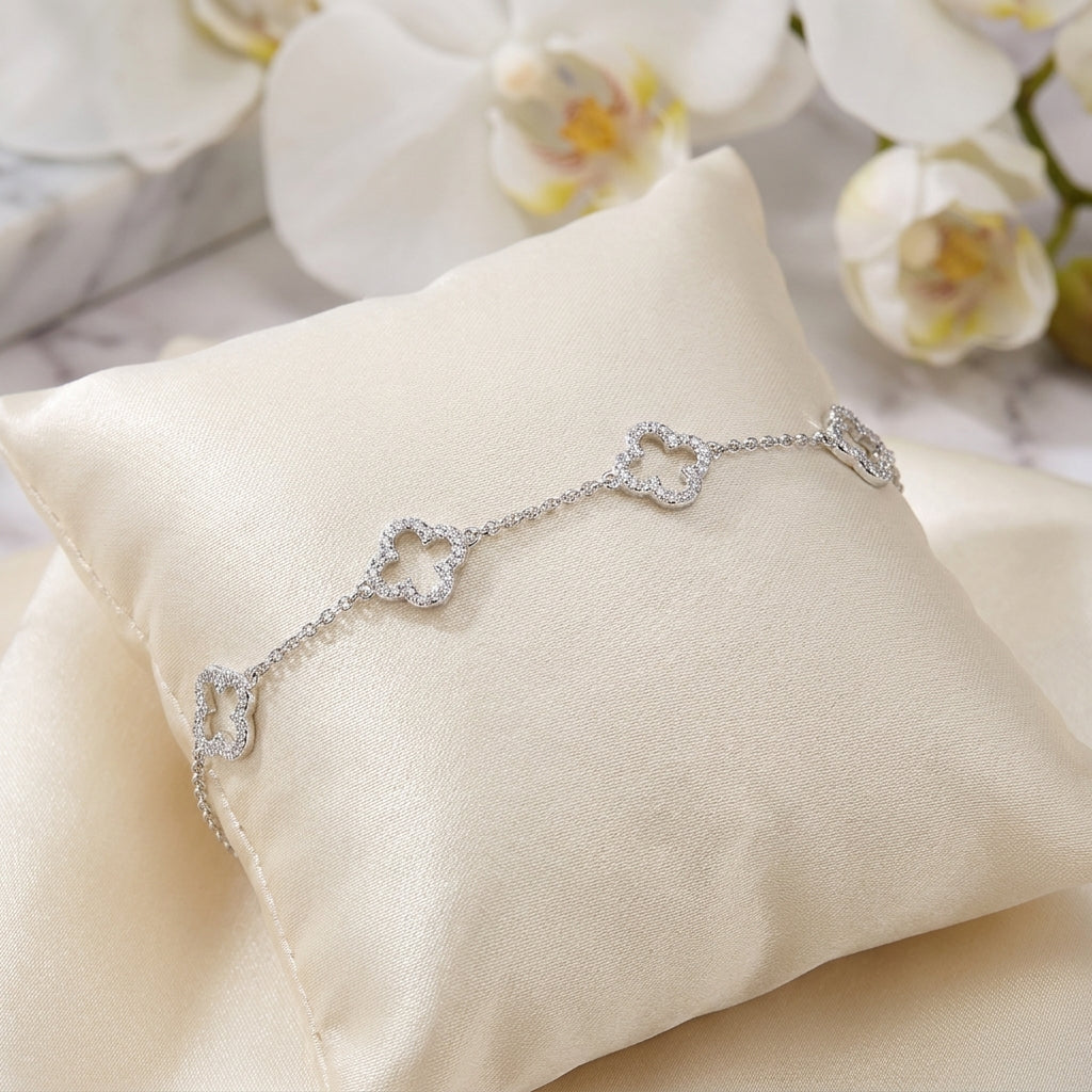 Silver Plated Clover Bracelet with Zircondia Crystals