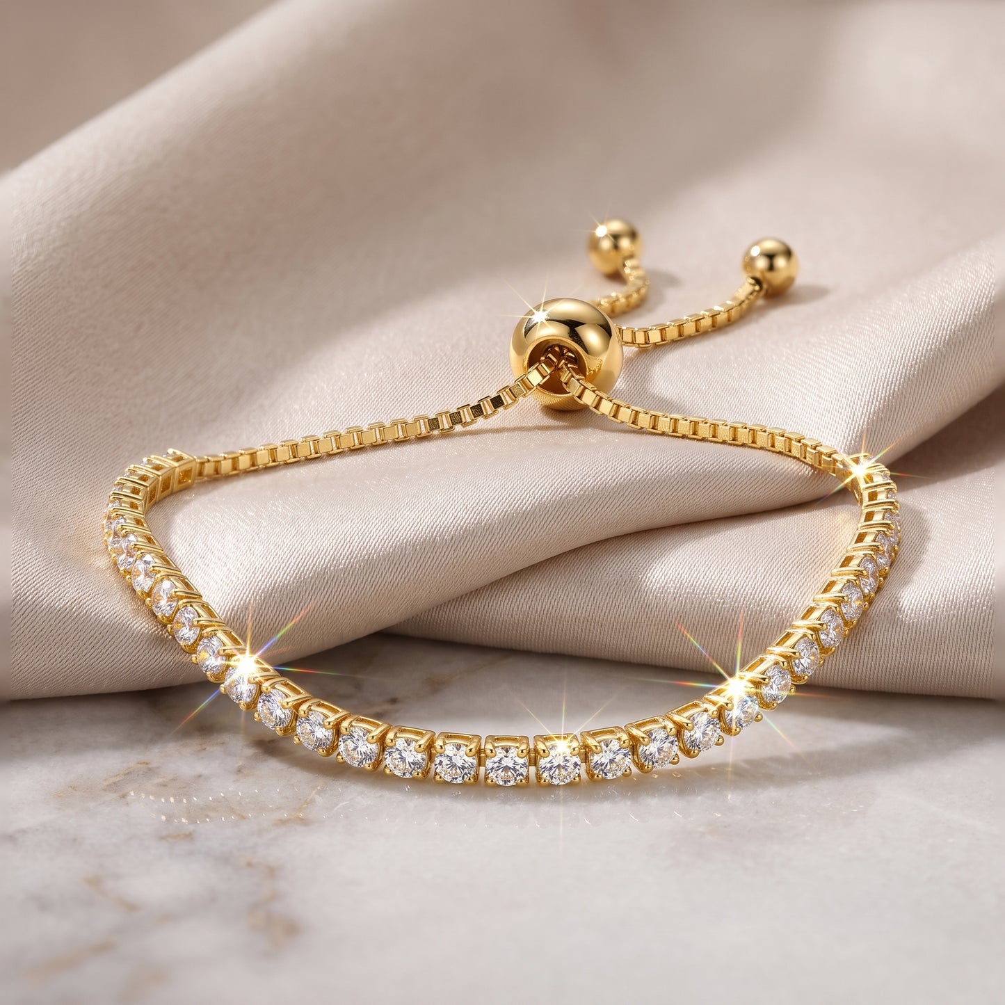 18K Gold Plated 2mm Adjustable Tennis Bracelet with Zircondia Crystals