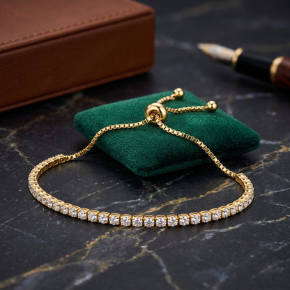 18K Gold Plated 2mm Adjustable Tennis Bracelet with Zircondia Crystals