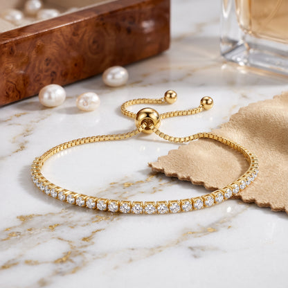 18K Gold Plated 2mm Adjustable Tennis Bracelet with Zircondia Crystals