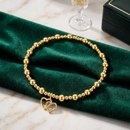 18K Gold Plated Heart Link Beaded Stretch Bracelet