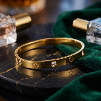 18K Gold Plated Stainless Steel Engraved CZ Bangle Bracelet - Gold