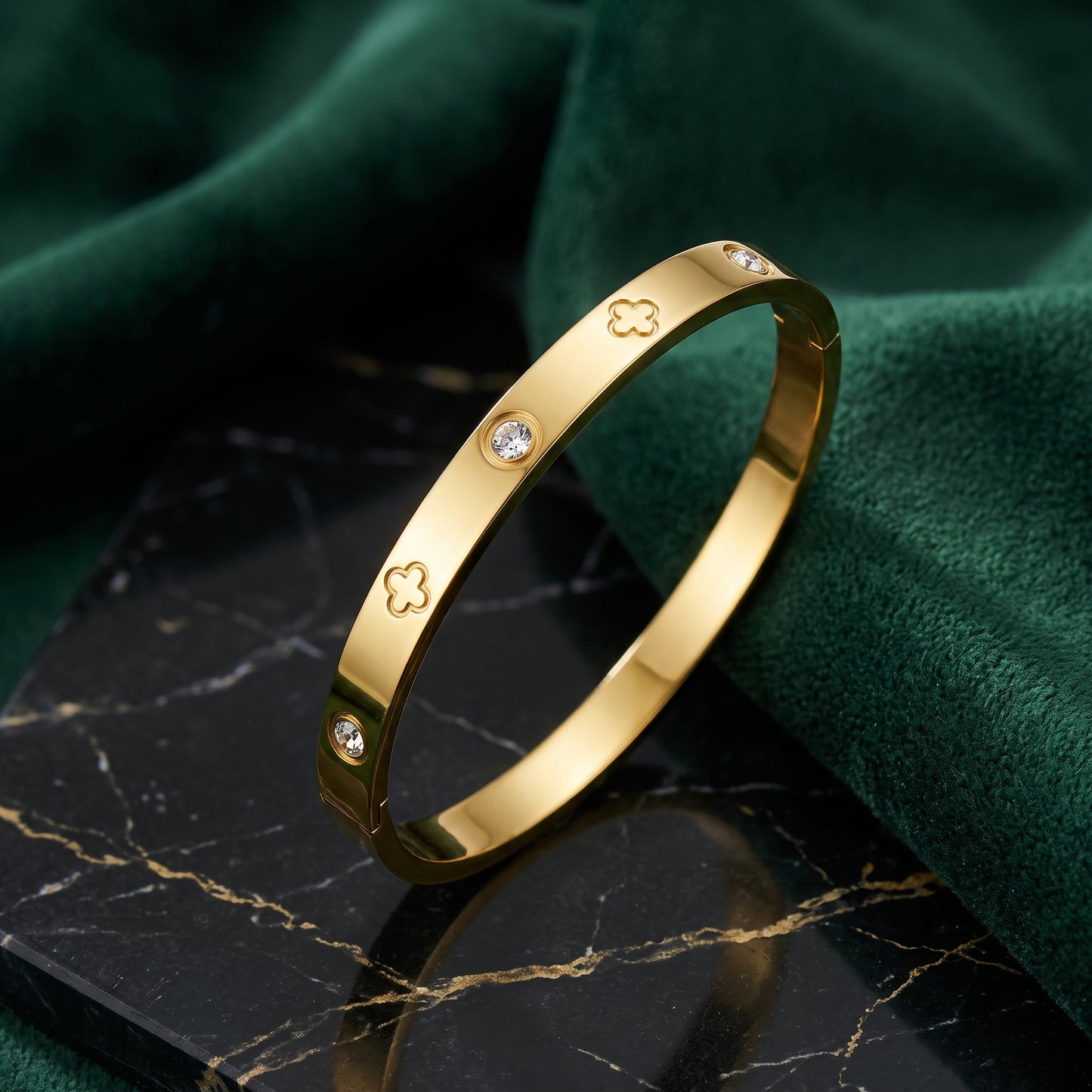 18K Gold Plated Stainless Steel Engraved CZ Bangle Bracelet - Gold