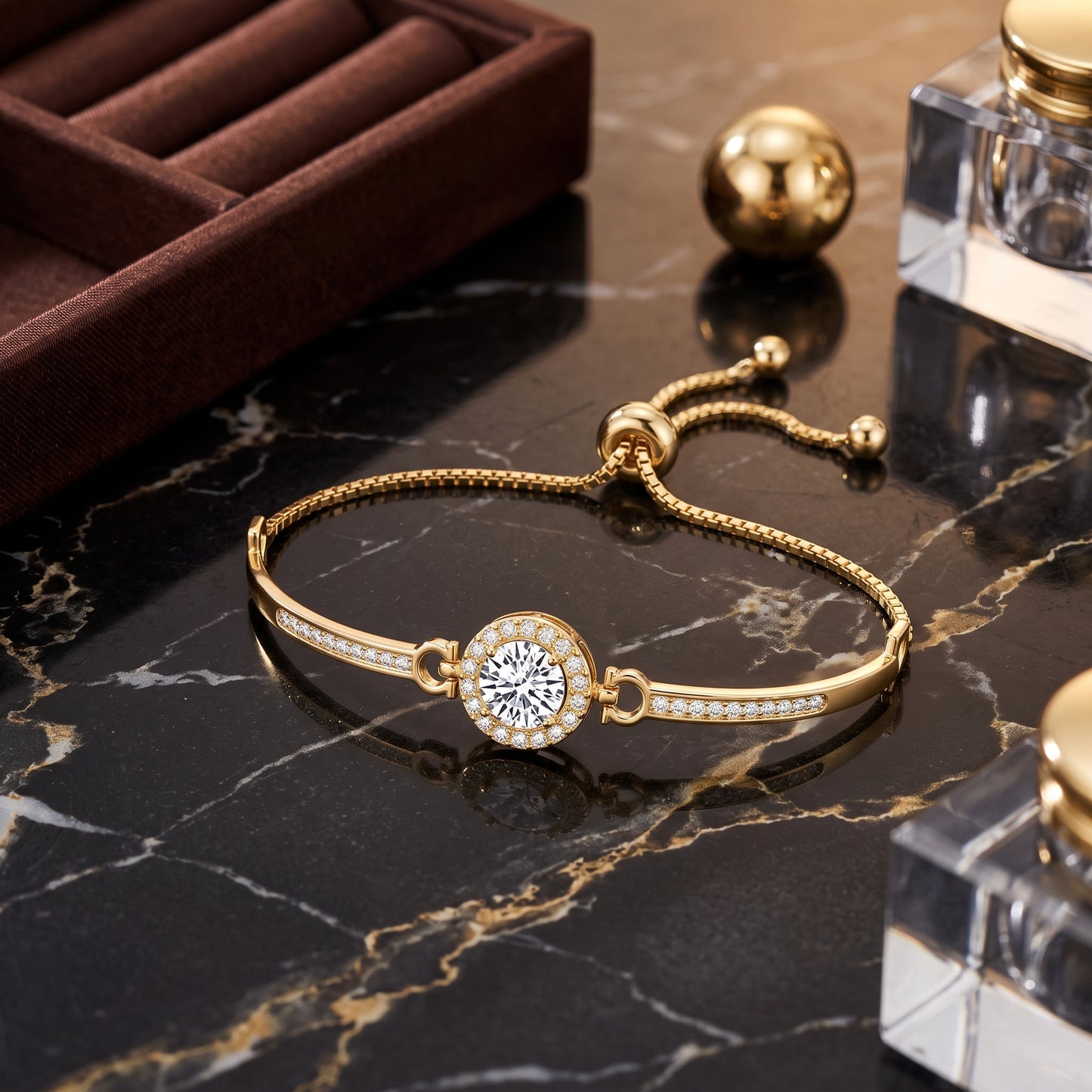 18K Gold Plated Halo Friendship Slider Bracelet with Zircondia Crystals